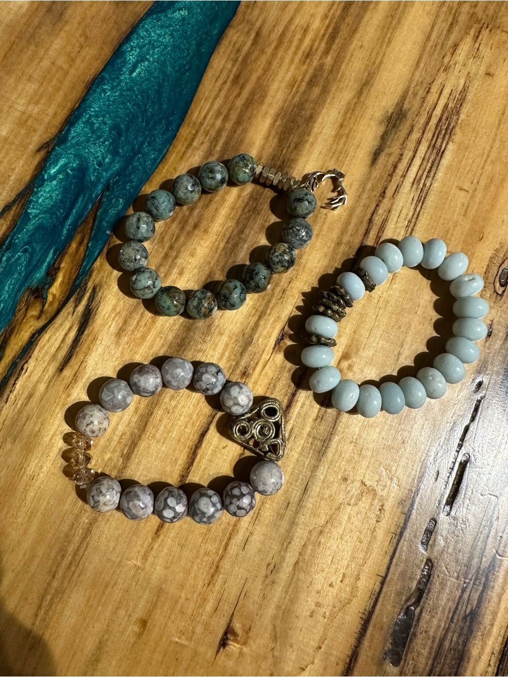 Stackable Beaded Stretch Bracelets in Teal, Light Blue & Gray - Women Jewelry